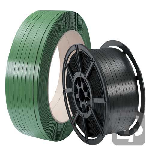 Green polyester pallet strapping in hand and machine reels