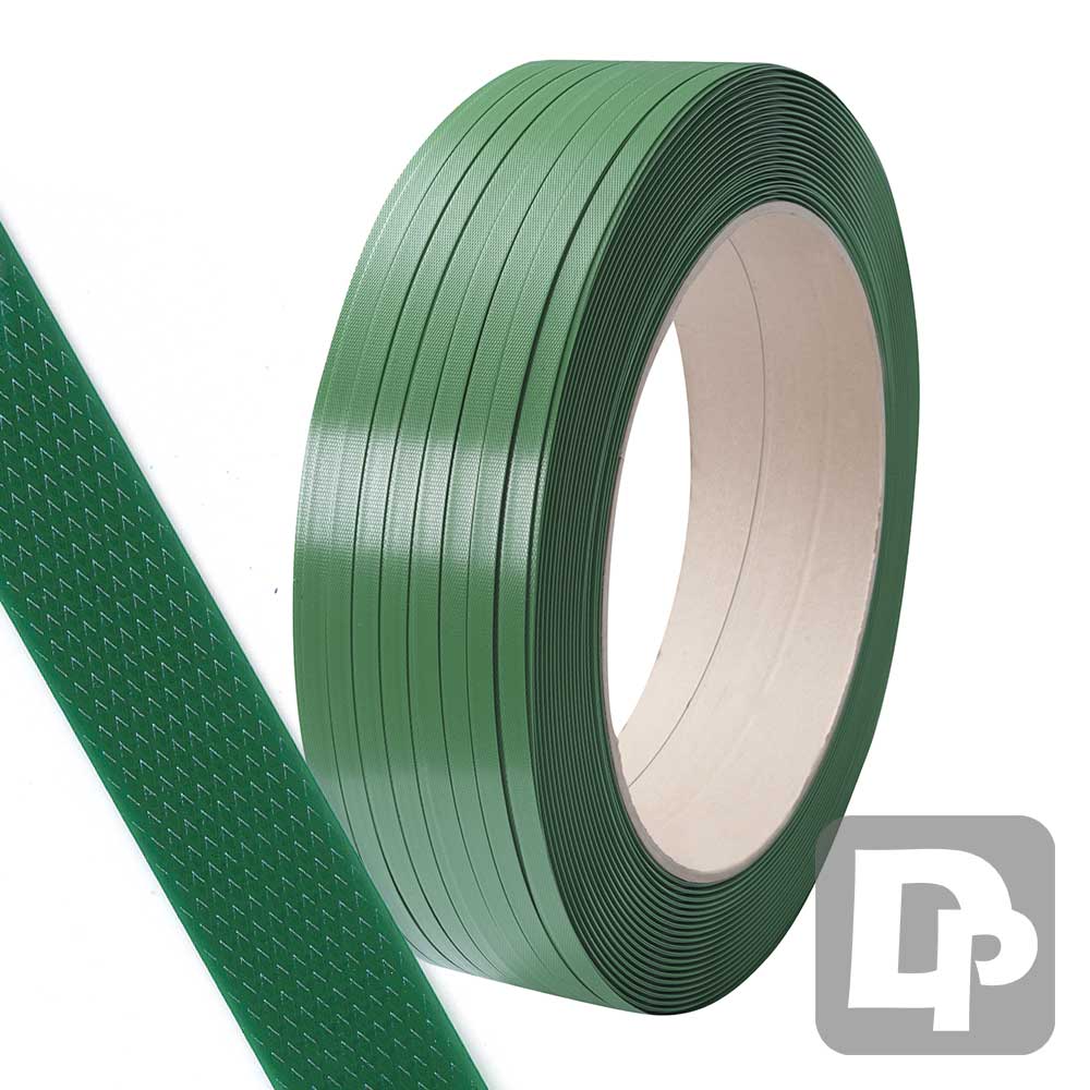Green Polyester Strapping Reel 15.5mm x 0.6 mm x 2000m Embossed 410kg b/s